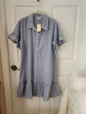 Striped Button-Down Ruffle Hem Dress